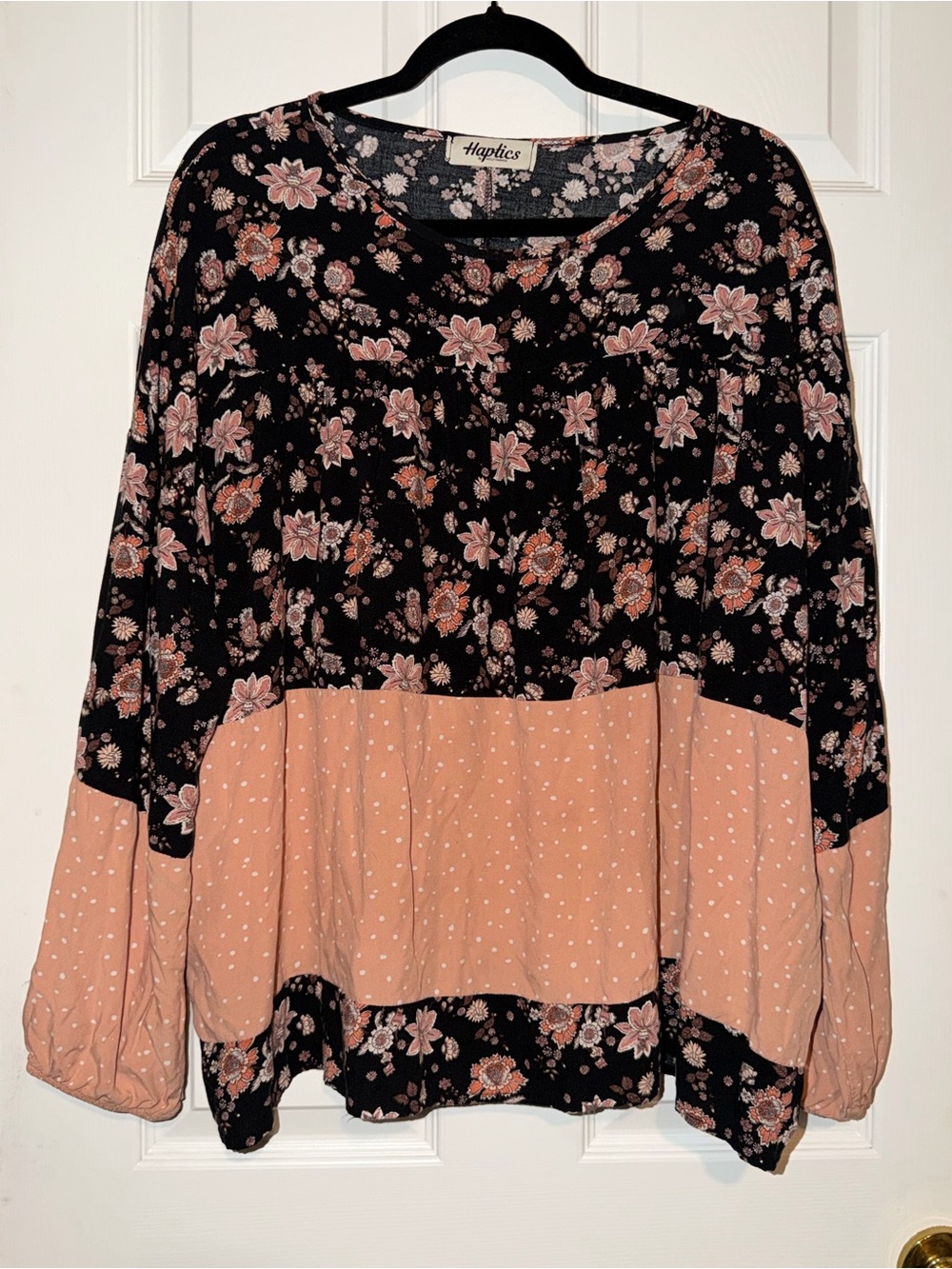 Haptics Black & Blush Floral Contrast Peasant Blouse
